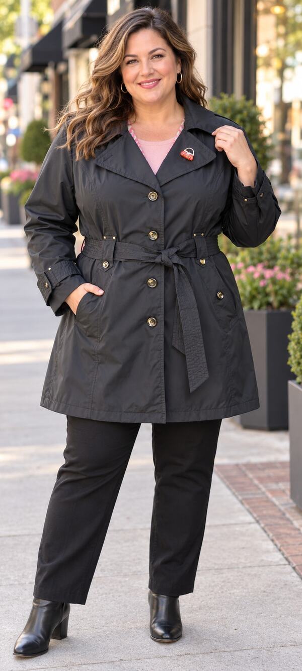 Fashion Bug 1X Black Trench Coat Belted Jeweled Brooch Floral Lined Plus